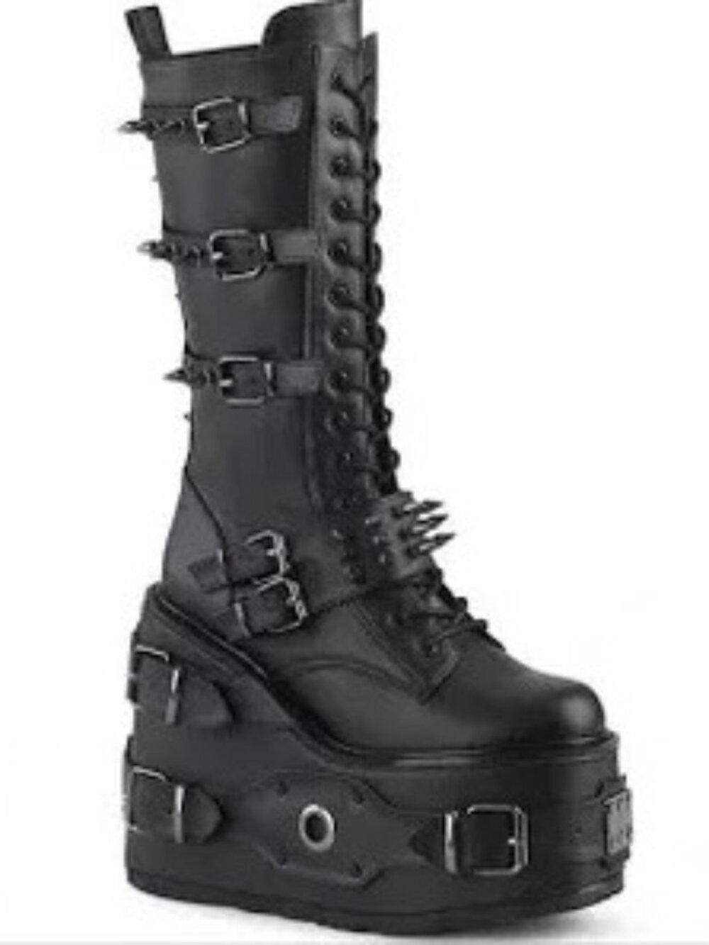DEMONIA 'SWING-327' SPIKED KNEE HIGH PLATFORM BLACK VEGAN LEATHER BOOTS SIZE 10